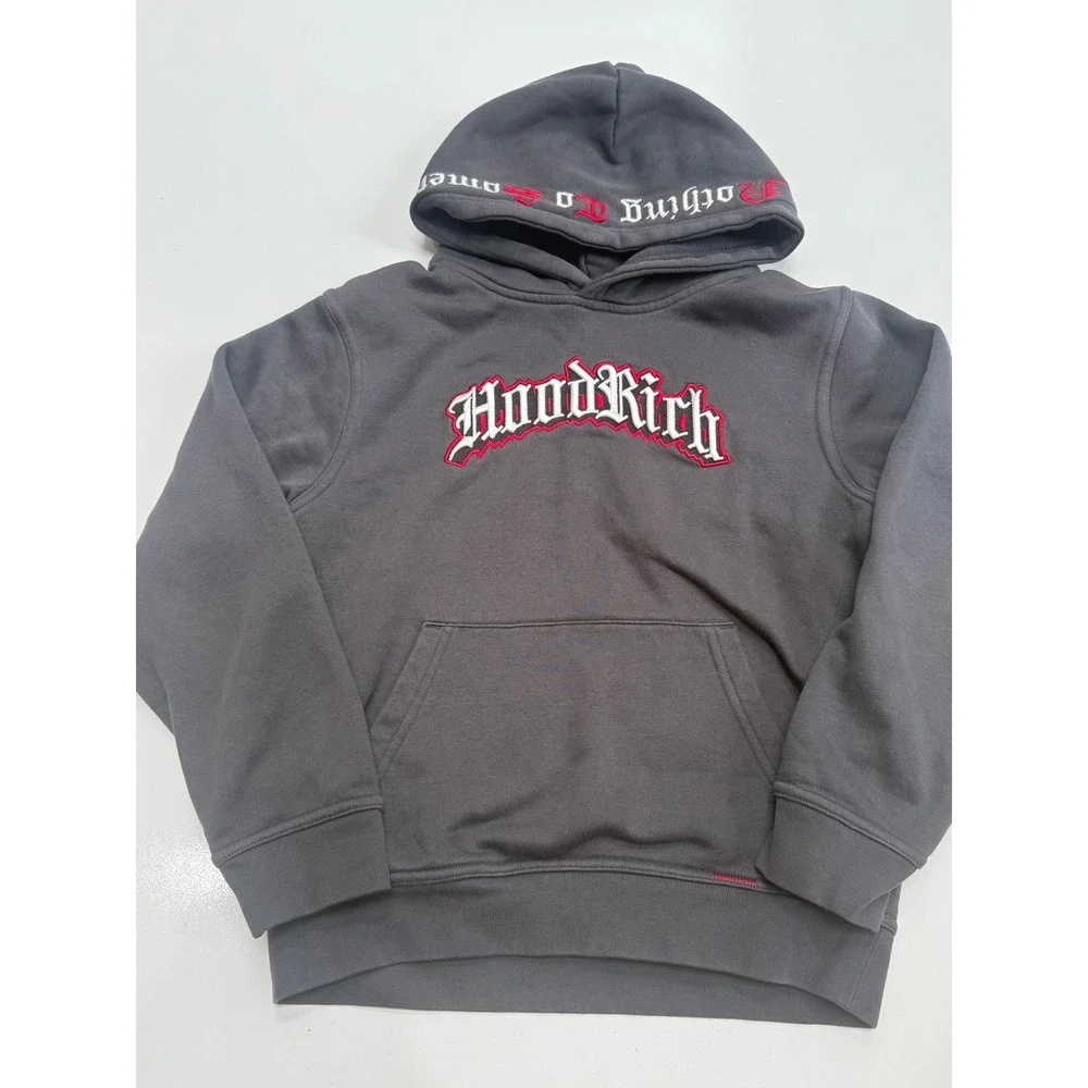 Hoodrich Kids Pullover Hoodie Grey Embroidered Logo Streetwear Size M 10-12Y